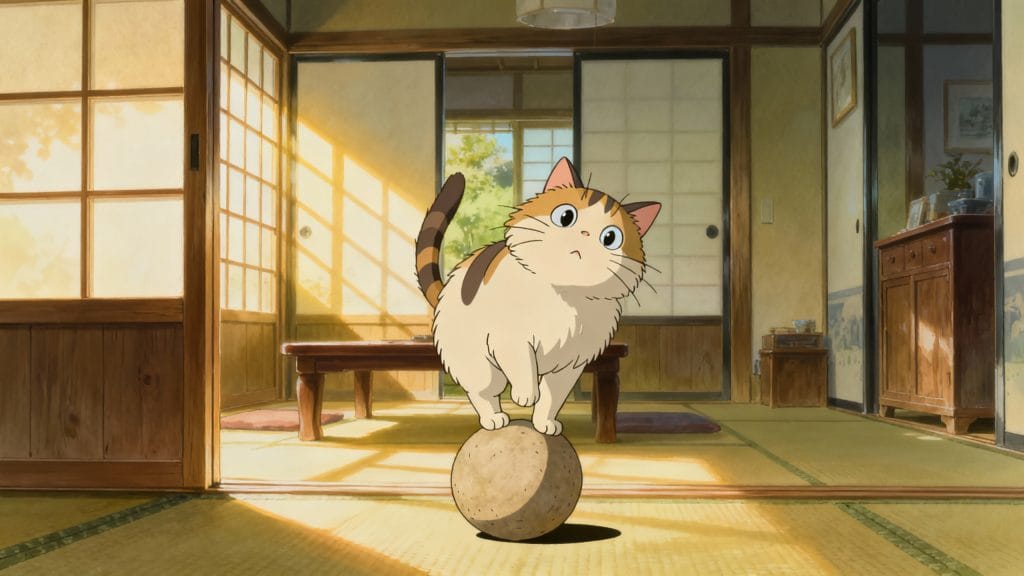 Studio Ghibli inspired illustration of a small cat balancing on a ball inside a cozy Japanese countryside home.
